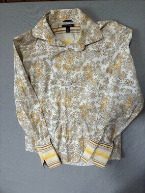 Banana Republic Mens  Button-Down Dress Shirt Cream Yellow Paisley L French Cuff